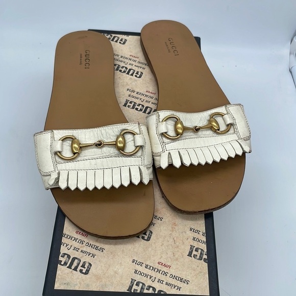 Gucci White leather trim horsebit flat slide sandals 39.5 - Picture 1 of 11